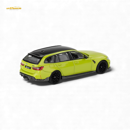 Mini GT BMW M3 M Performance Touring diecast model in 1:64 scale, detailed black and silver BMW car, front view.