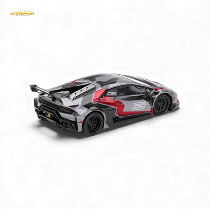 Mini GT Lamborghini Huracan GT RONIN diecast model in 1:64 scale, detailed yellow Lamborghini car with black accents.
