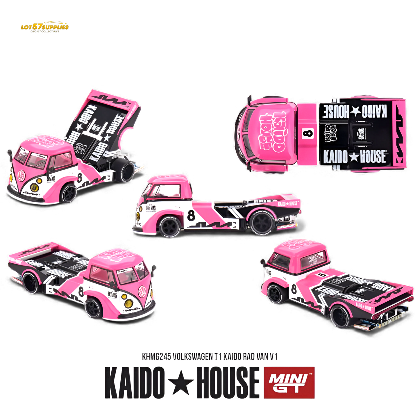 Pink Mini GT Volkswagen T1 diecast model from Kaido House, 1:64 scale, detailed miniature vehicle for collectors.