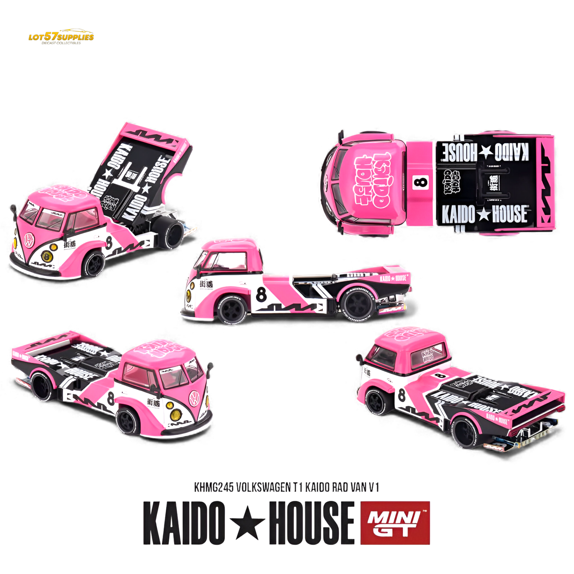 Pink Mini GT Volkswagen T1 diecast model from Kaido House, 1:64 scale, detailed miniature vehicle for collectors.