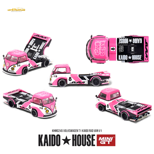 Mini GT x Kaido House Volkswagen T1 Pink diecast model in 1:64 scale, detailed view of the vintage-style Volkswagen van.