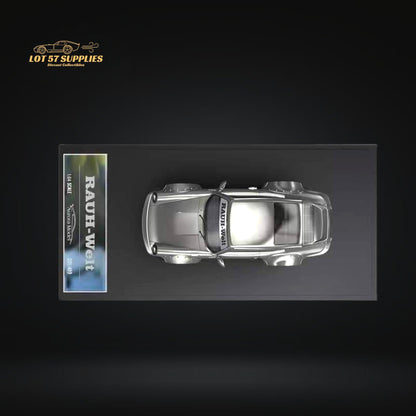 Liquid silver Porsche RWB 964 diecast model with ducktail spoiler, detailed miniature from AuroraModel by Lot57Supplies.