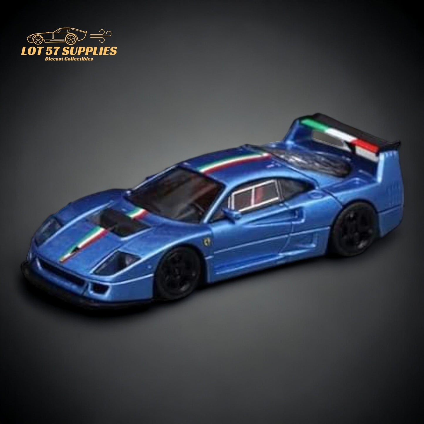 Blue Ferrari 1:64 diecast model with Italian stripe design from Stance Hunters Ferrari F40 LM series.