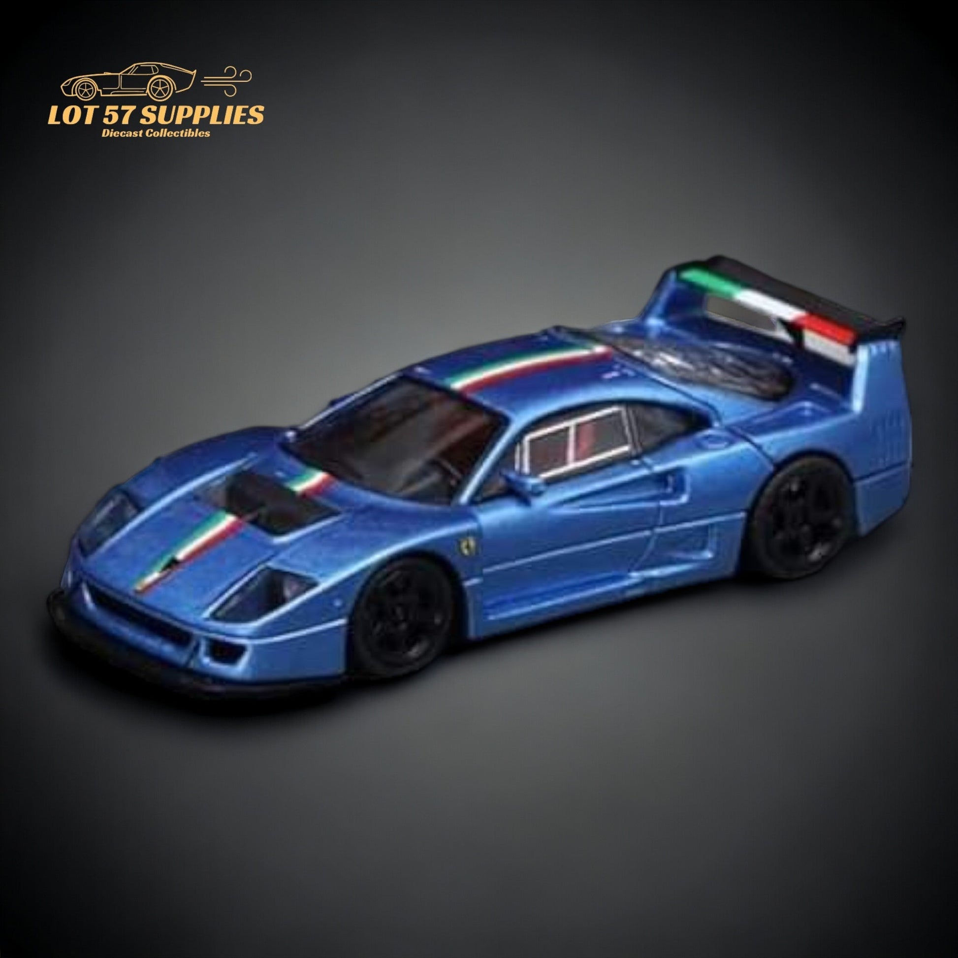Blue Ferrari 1:64 diecast model with Italian stripe design from Stance Hunters Ferrari F40 LM series.
