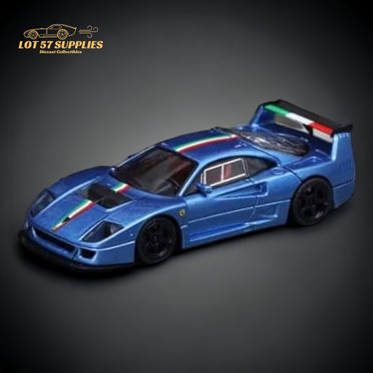 Blue Ferrari 1:64 diecast model with Italian stripe design from Stance Hunters Ferrari F40 LM series.