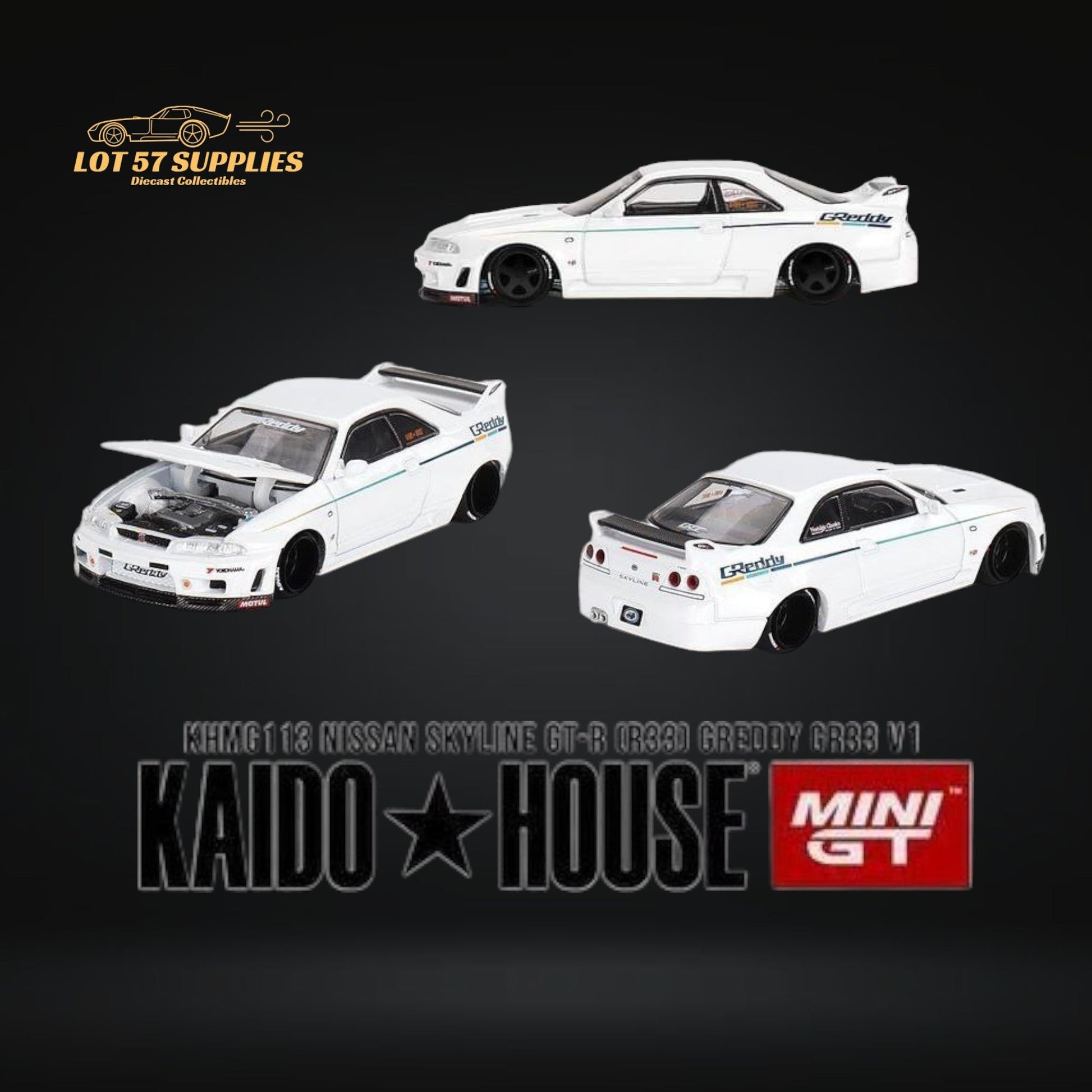 Mini GT x Kaido House Nissan Skyline GT-R R33 GREDDY V1 in White 1:64 KHMG113 - Evergreen Kings
