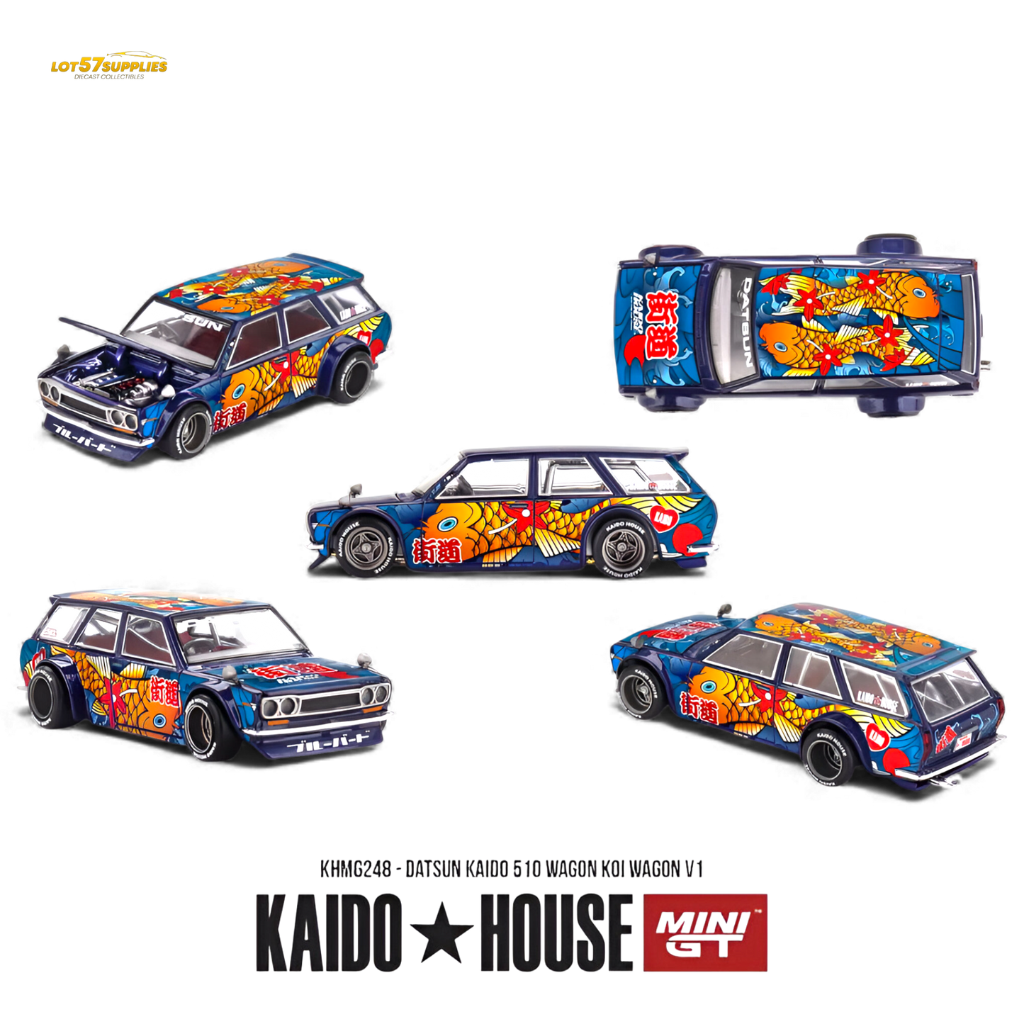 Mini GT x Kaido House Datsun 510 Wagon Koi V1 diecast model, detailed 1:64 scale Datsun car with vibrant design.