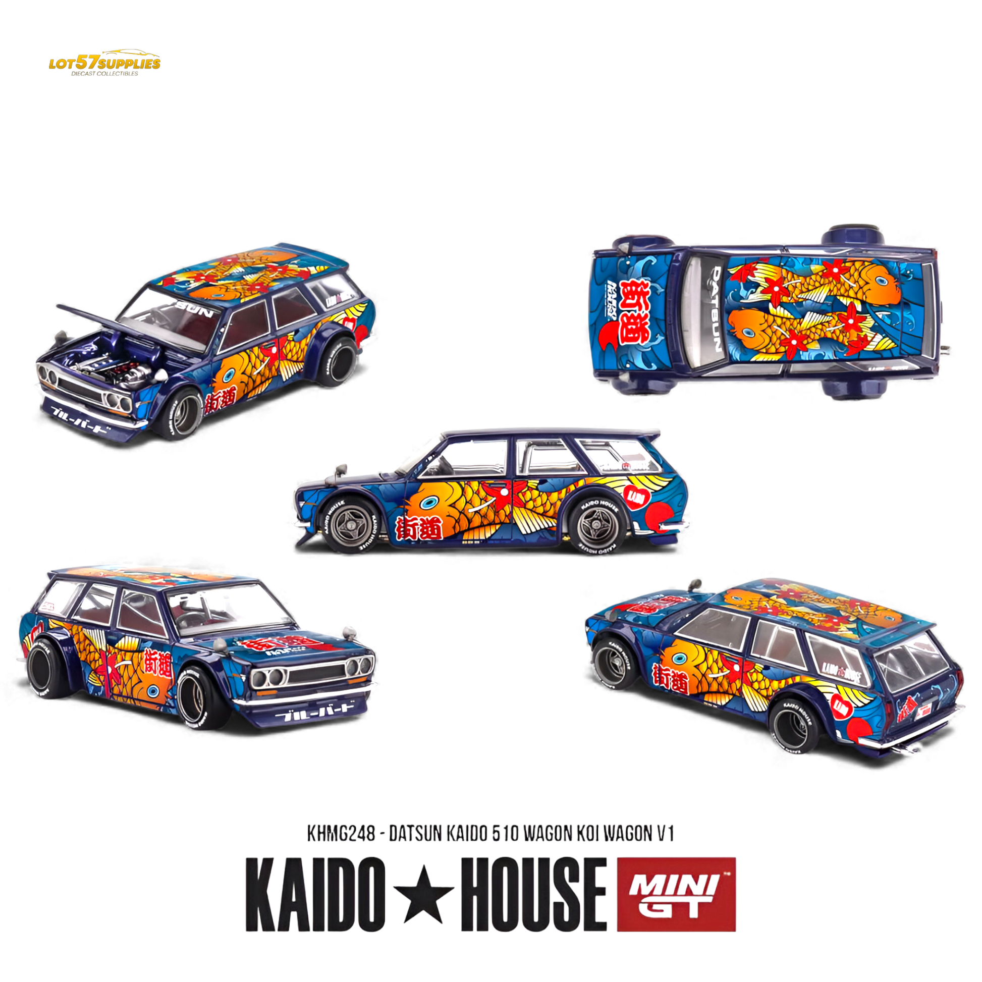 Mini GT x Kaido House Datsun 510 Wagon Koi V1 diecast model, detailed 1:64 scale Datsun car with vibrant design.