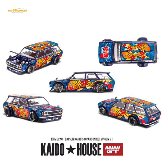 Mini GT x Kaido House Datsun 510 Wagon Koi V1 diecast model, detailed 1:64 scale Datsun car with vibrant design.