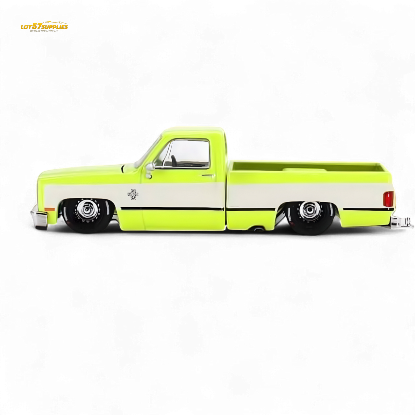 Mini GT x Kaido House Chevrolet Silverado FLO YELLOW diecast model in 1:64 scale, bright yellow Chevrolet pickup truck.