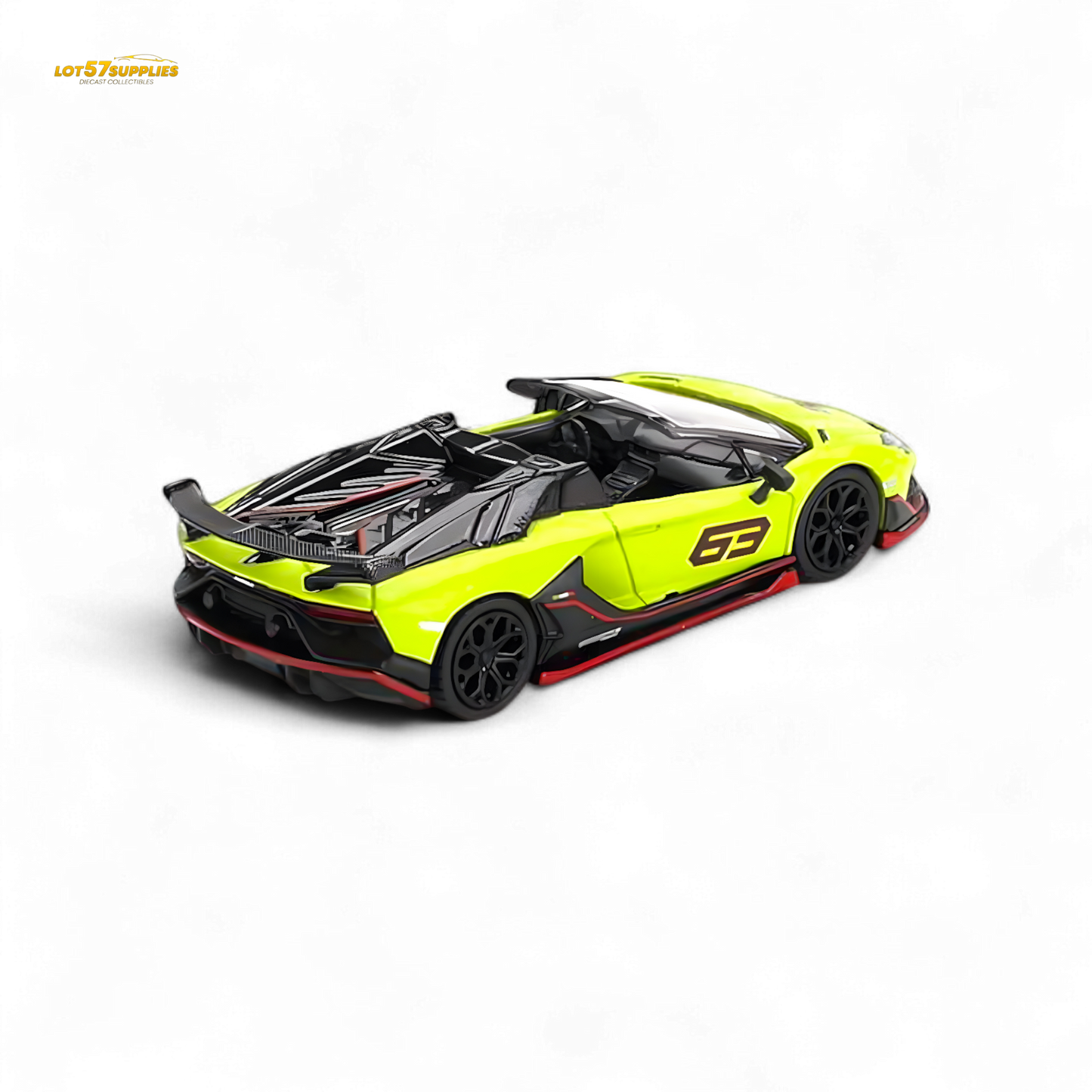 Mini GT Lamborghini Aventador SVJ 63 Roadster diecast model in Verde Shock color, detailed 1:64 scale collectible car.