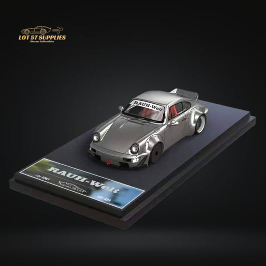 Liquid silver Porsche RWB 964 diecast model with ducktail spoiler, 1:64 scale, showcasing detailed Porsche design.