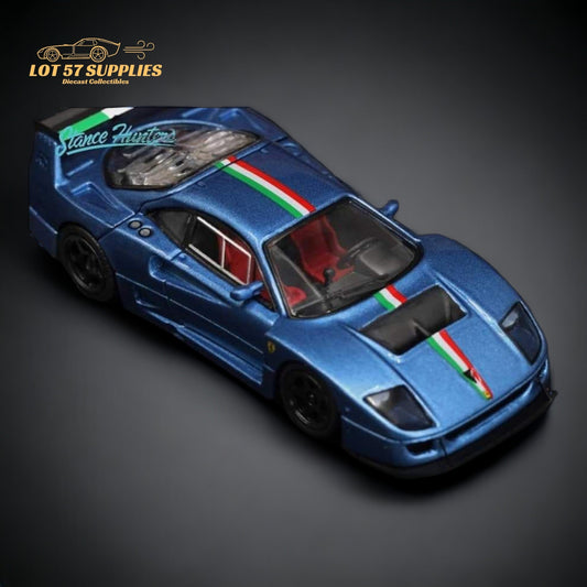 Blue Ferrari F40 LM diecast model with Italian stripe, 1:64 scale, from Lot57Supplies Diecast Shop, detailed and collectible.