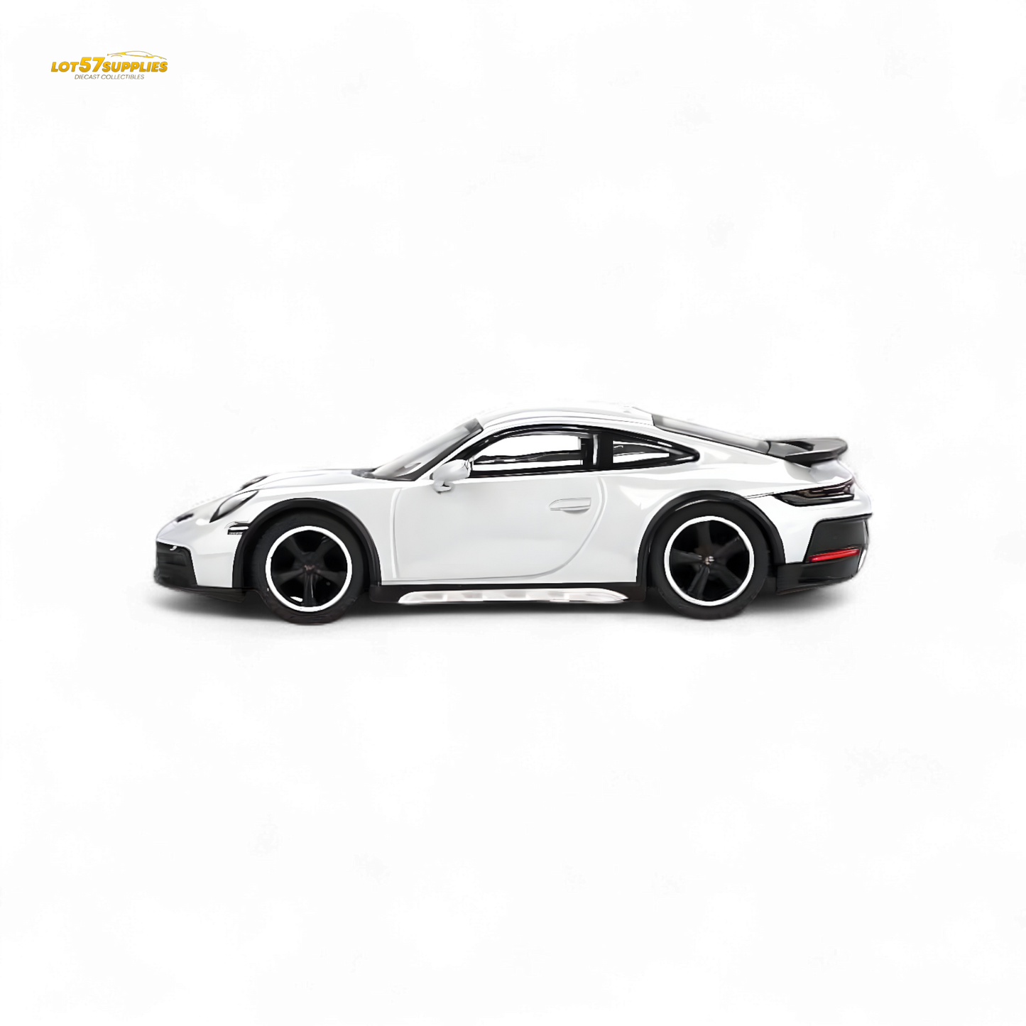 Mini-GT Porsche 911 Dakar diecast model in ice gray metallic, 1:64 scale, detailed Porsche collectible car.