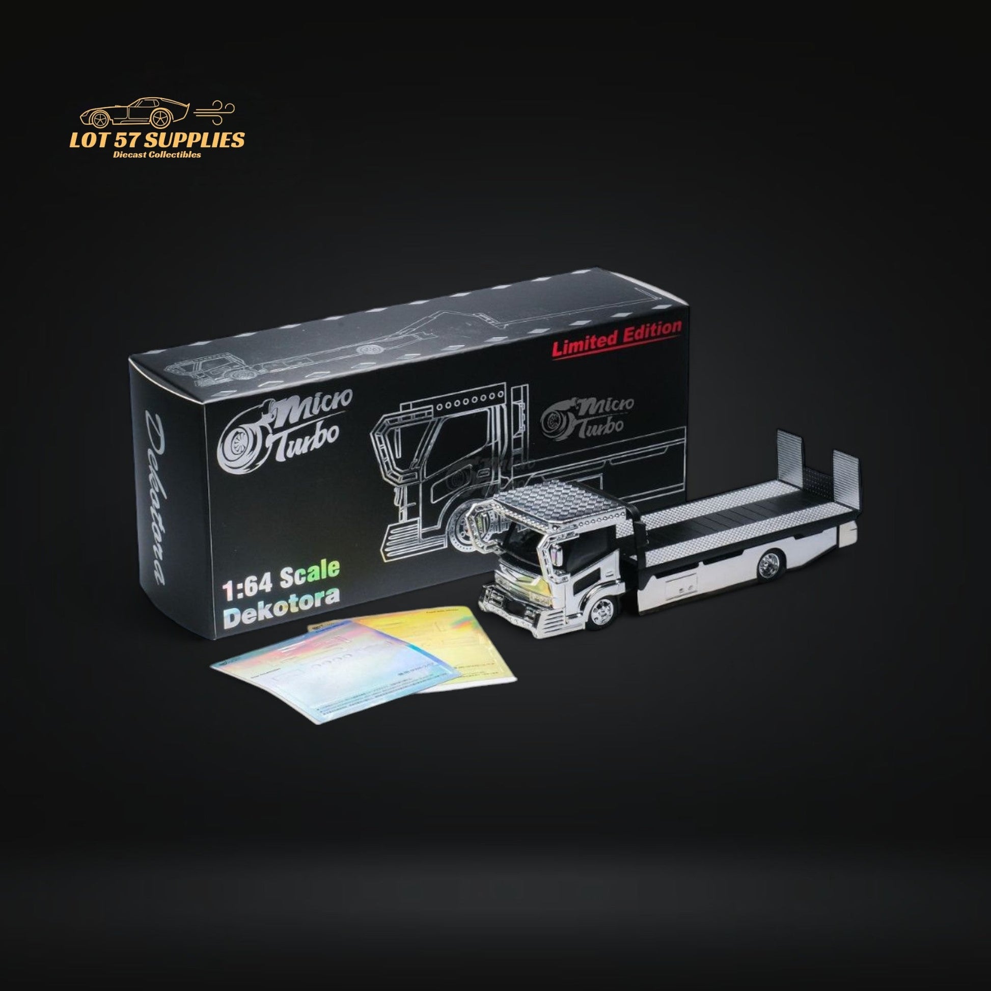 MicroTurbo Dekotora flatbed tow truck diecast model in 1:64 scale, featuring vibrant Dekotora design and detailed craftsmanship.