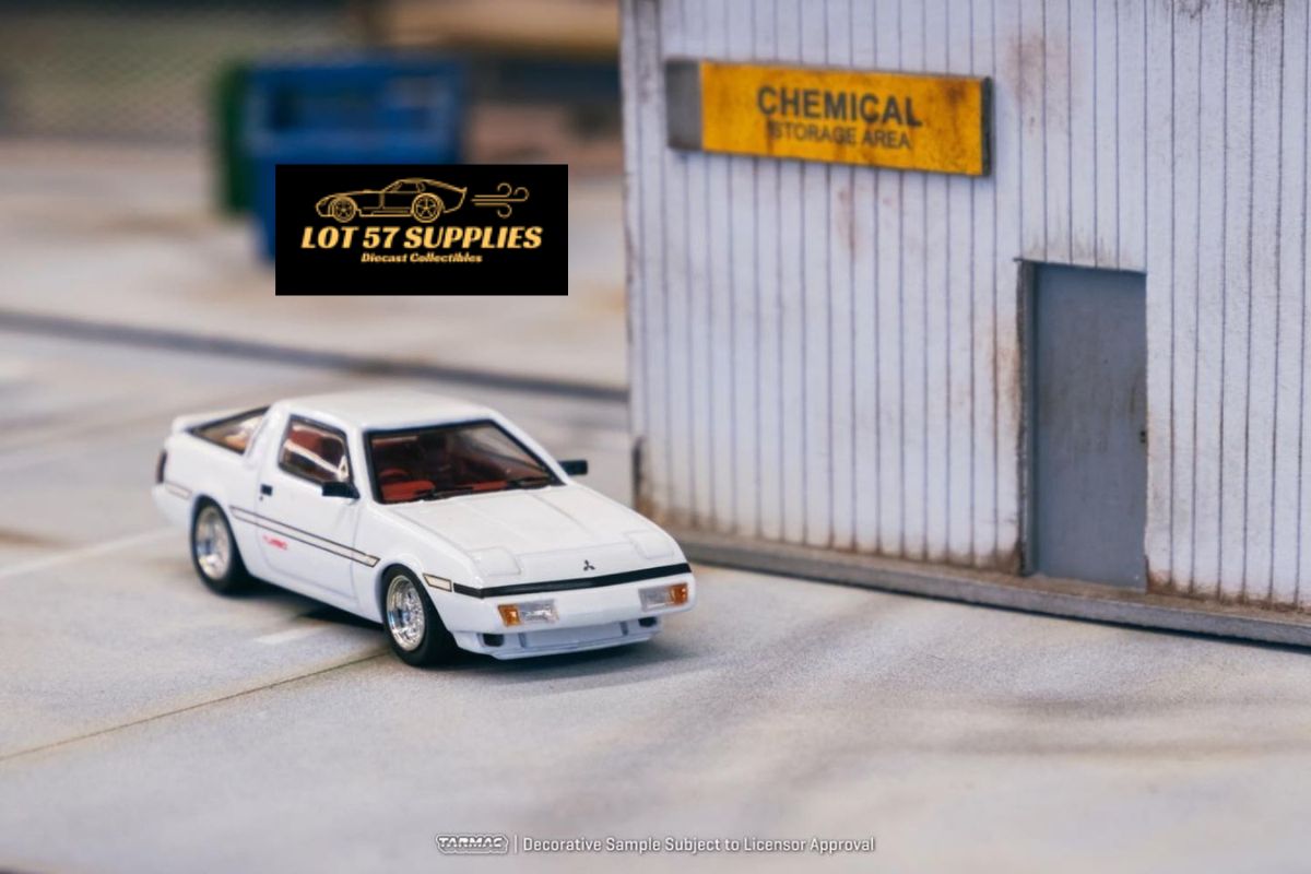 White Mitsubishi Starion diecast model in 1:64 scale by Tarmac Works, detailed miniature car for collectors.