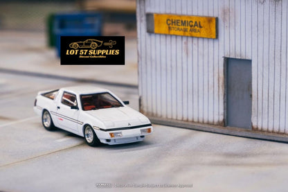 White Mitsubishi Starion diecast model in 1:64 scale by Tarmac Works, detailed miniature car for collectors.
