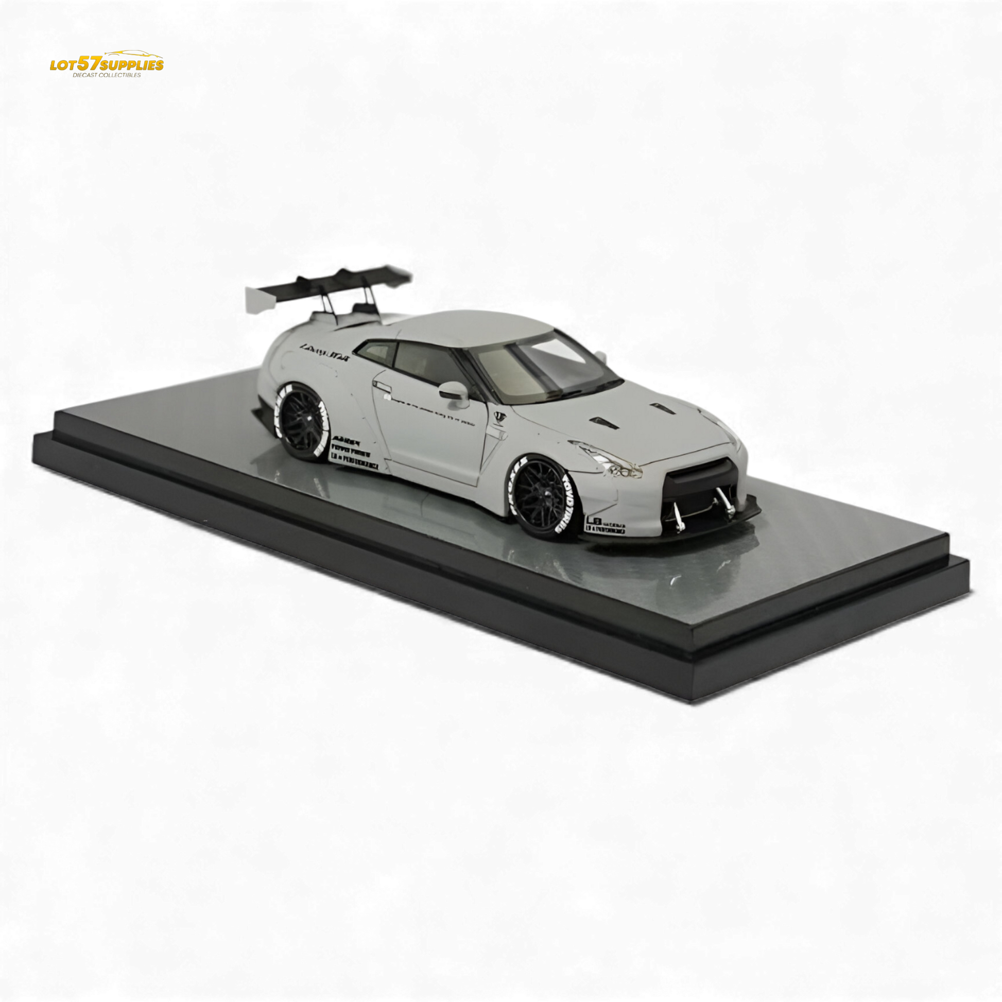 Grey 1:64 scale Nissan Skyline GT-R R35 diecast model by LB-Works from Lot57Supplies Diecast Shop, detailed close-up view.