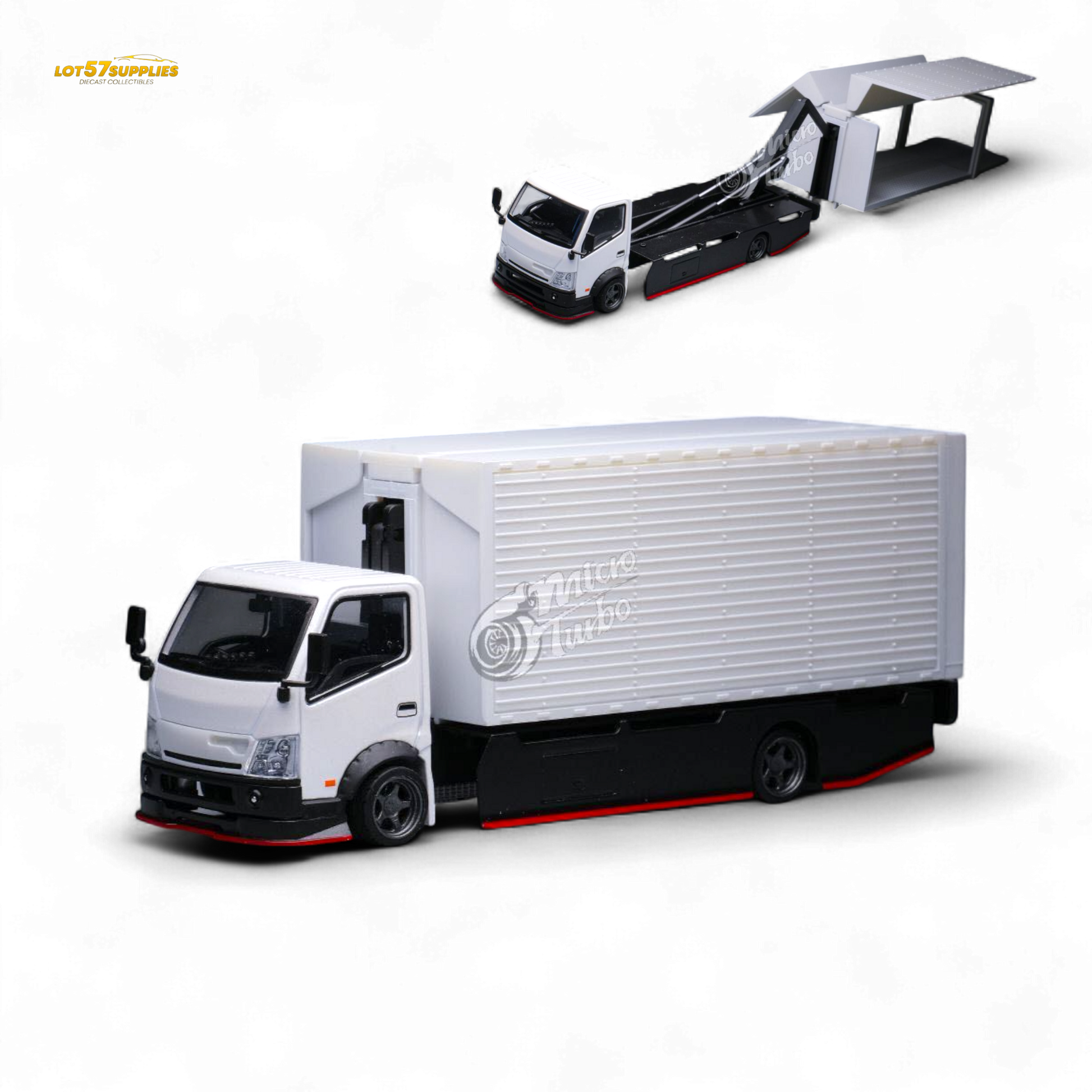 Detailed view of the MicroTurbo Hino 300 custom wing truck diecast model in 1:64 scale from Lot57Supplies Diecast Shop.