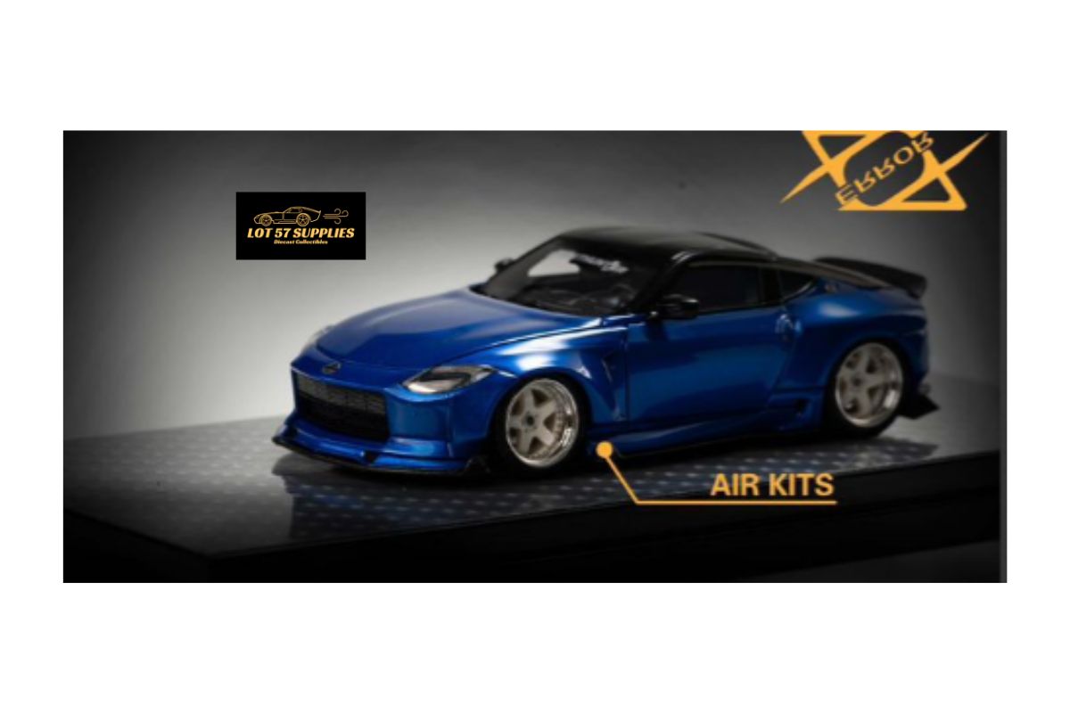 Candy blue 1:64 Nissan 400Z resin diecast model by Lot57Supplies Diecast Shop, detailed miniature car on display.