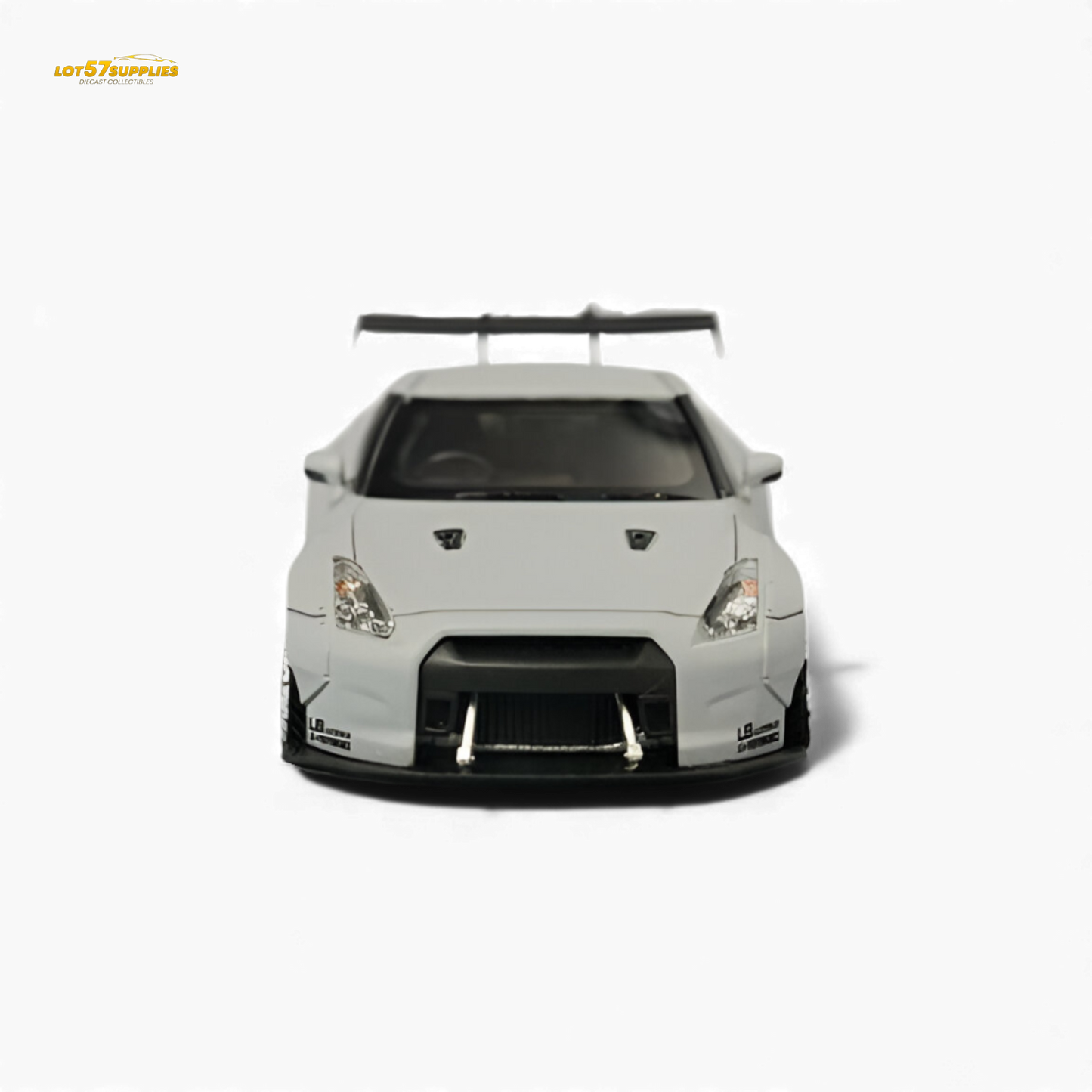 Gray 1:64 scale LB-Works Nissan Skyline GT-R R35 diecast model by Lot57Supplies Diecast Shop, detailed front view.