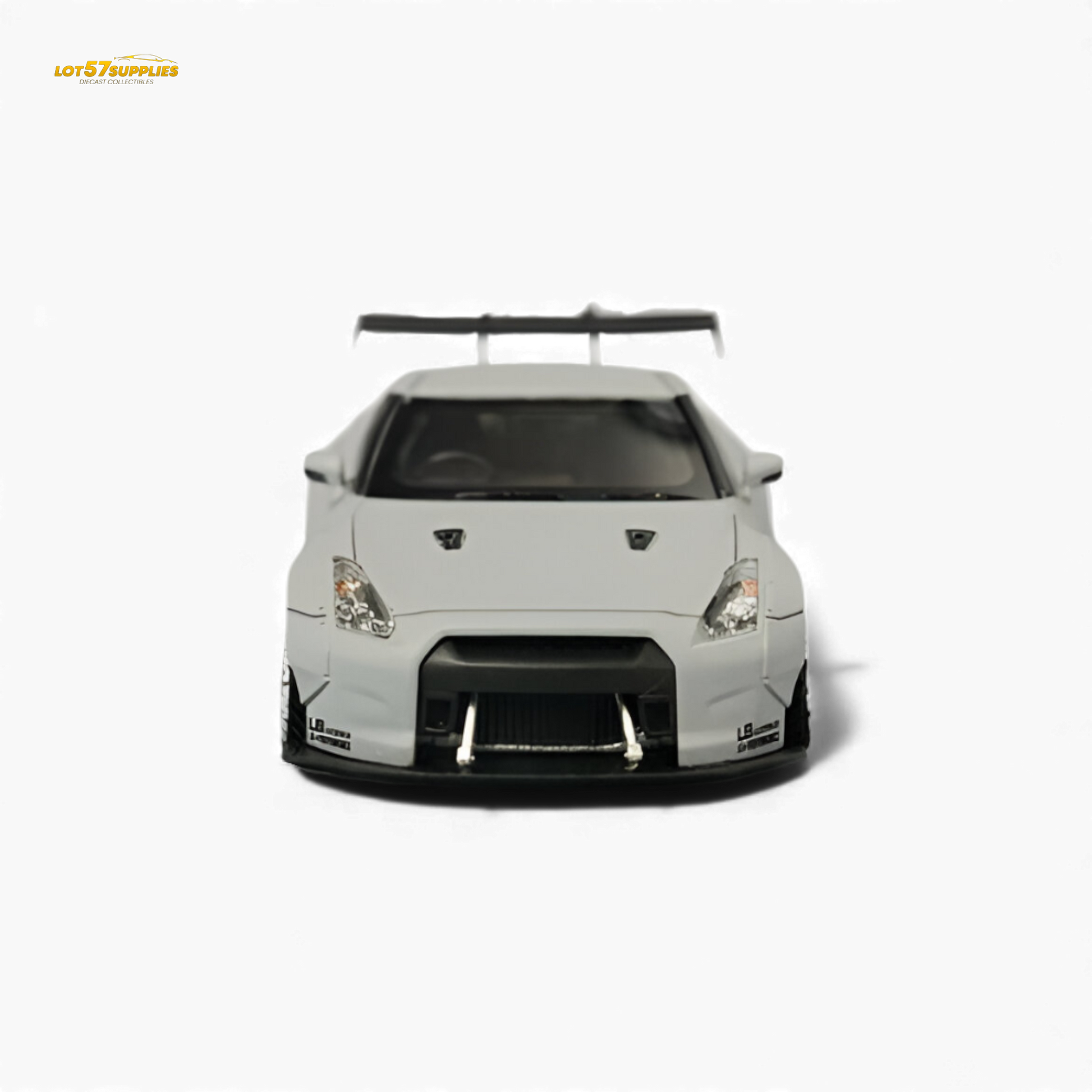 Gray 1:64 scale LB-Works Nissan Skyline GT-R R35 diecast model by Lot57Supplies Diecast Shop, detailed front view.