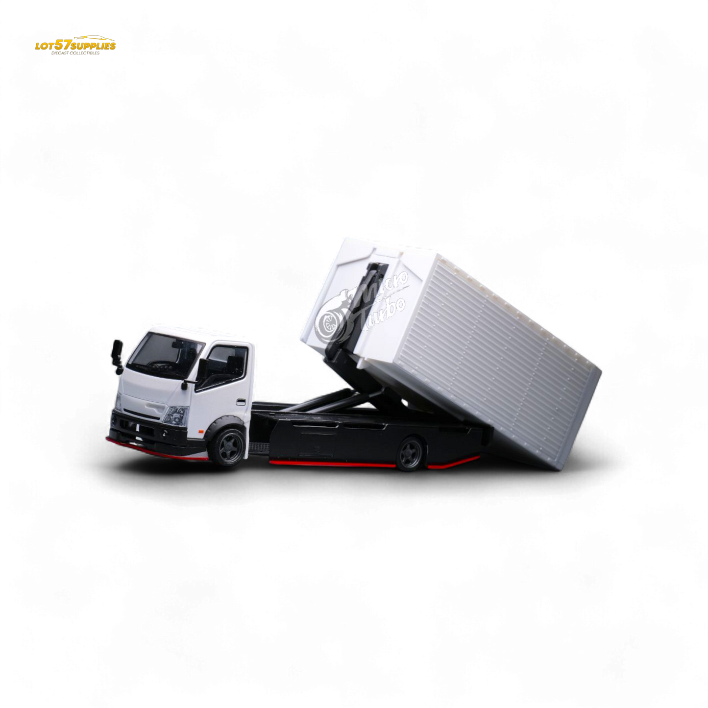 Hino MicroTurbo 300 custom wing truck diecast model in 1:64 scale by Lot57Supplies Diecast Shop, detailed view of the model truck