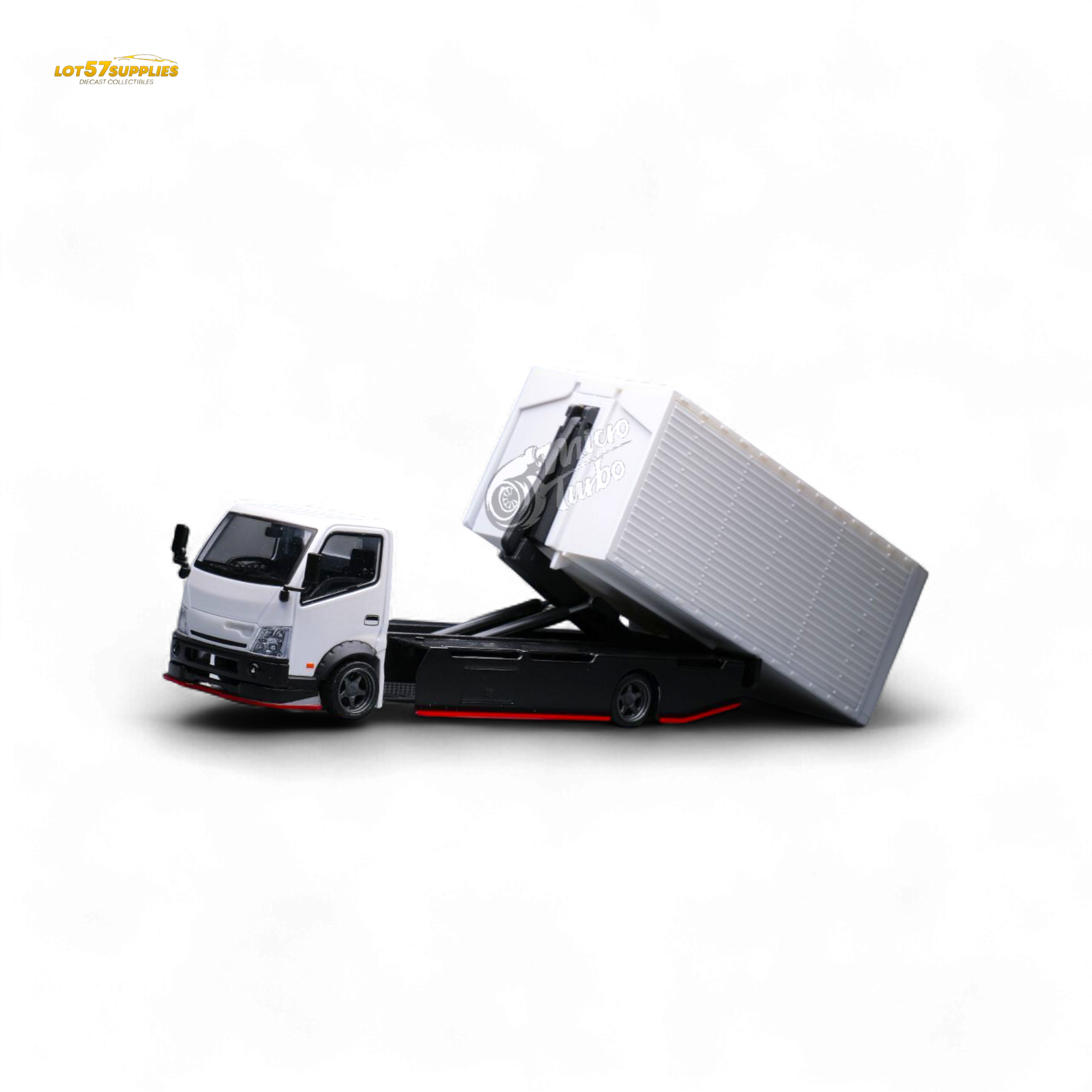 Hino MicroTurbo 300 custom wing truck diecast model in 1:64 scale by Lot57Supplies Diecast Shop, detailed view of the model truck
