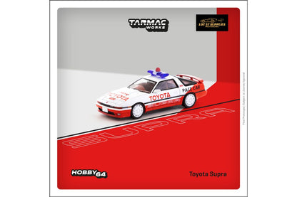 Detailed image of a 1:64 scale Tarmac Works Toyota Supra A70 Pace Car diecast model, showcasing its vibrant paint and detailed design.