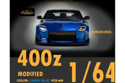 Nissan 400Z Candy Blue 1:64 resin model car, detailed diecast replica with realistic features and vibrant color.