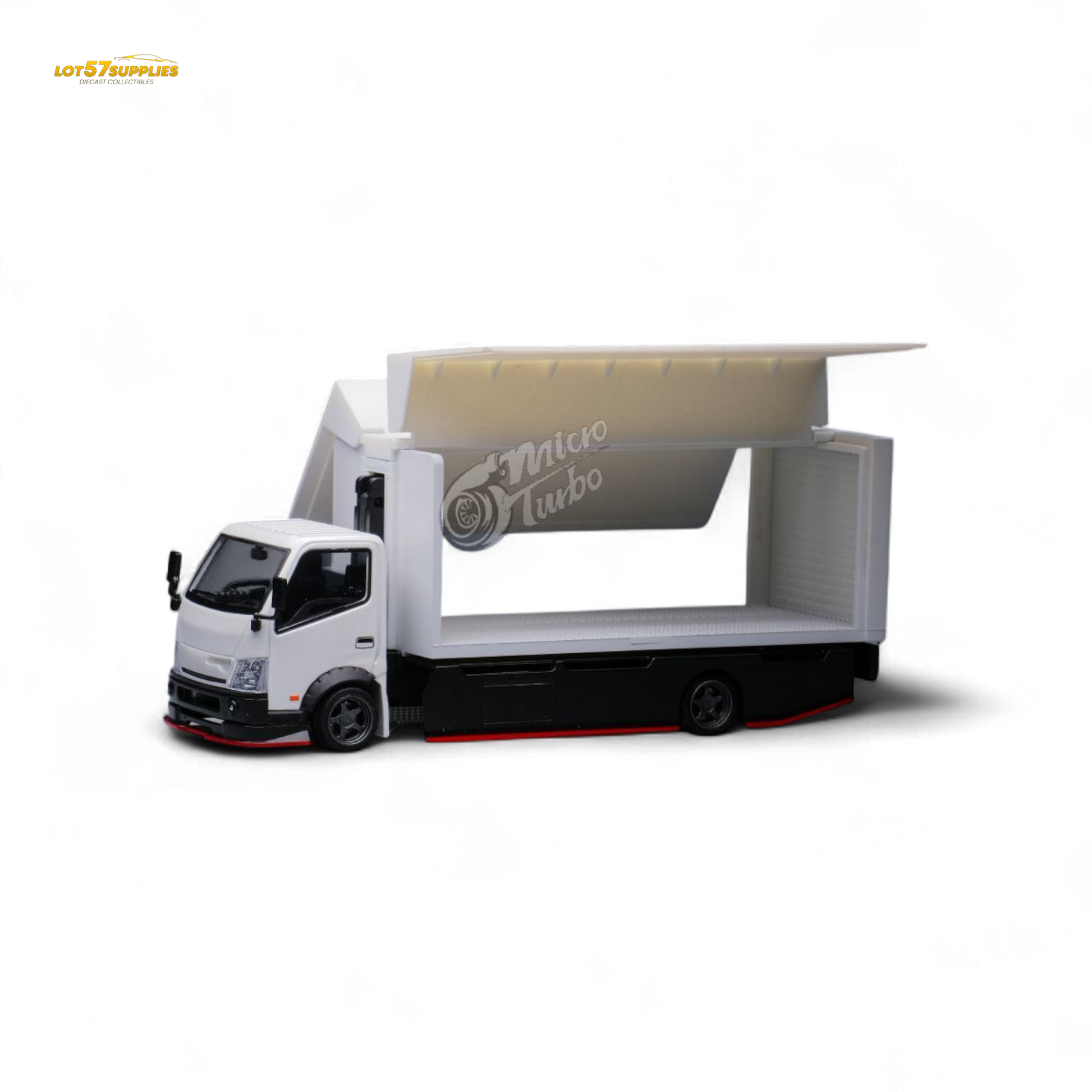 Hino MicroTurbo 300 custom wing truck diecast model in 1:64 scale by Lot57Supplies Diecast Shop, featuring detailed design and vibrant colors.