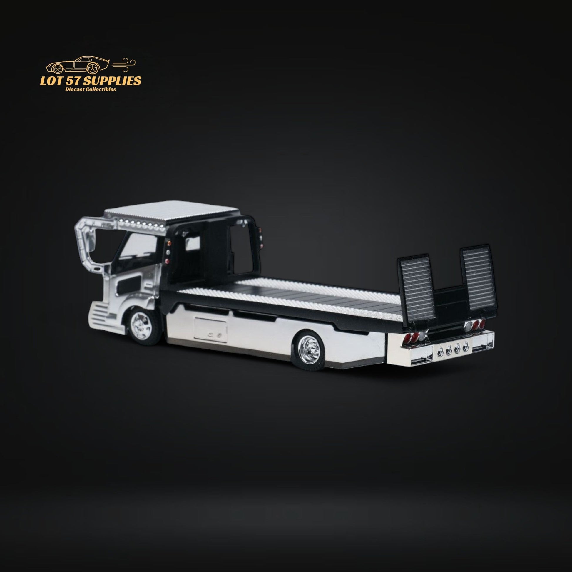 MicroTurbo Dekotora flatbed tow truck diecast model in 1:64 scale, featuring vibrant Dekotora details and colorful truck design.
