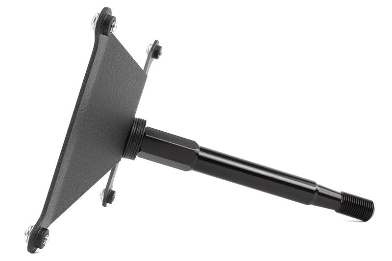 JDMuscle Perrin front license plate holder and relocation kit for Subaru WRX 2022-2025, showing the black metal bracket and mounting hardware.