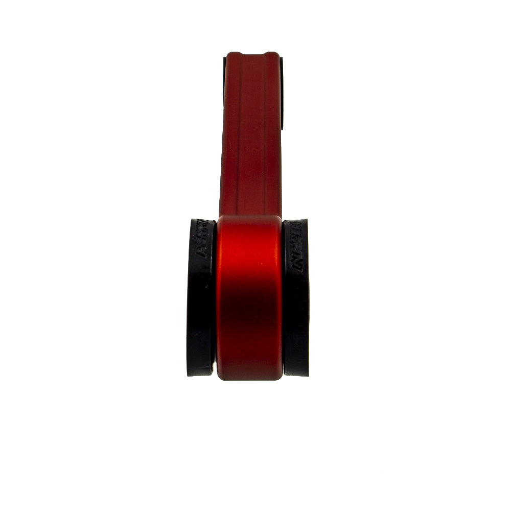 Red Perrin pitch stop mount for Subaru WRX, STI, LGT, and FXT by JDMuscle, shown with mounting details and vibrant red finish.