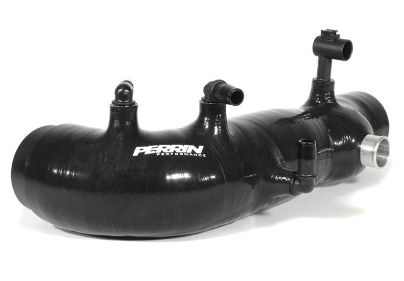 JDMuscle Perrin 2.4-inch turbo inlet hose for Subaru WRX, STI, FXT in black with red and blue accents, made for enhanced turbo performance.