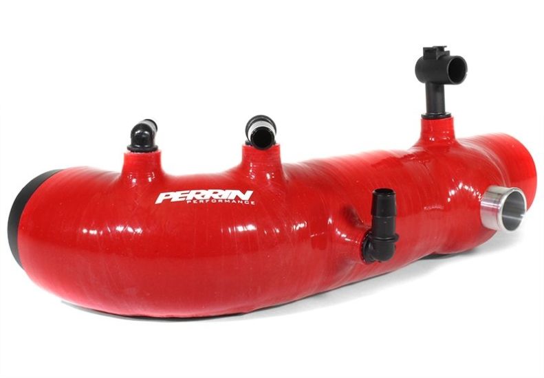 JDMuscle Perrin 2.4-inch turbo inlet hose for Subaru WRX STI and FXT in black, red, and blue, made of durable silicone material.
