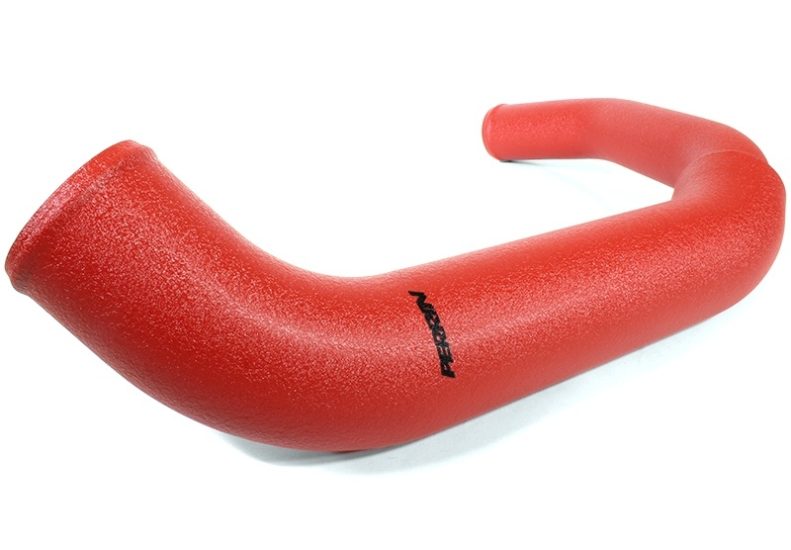 Red Perrin charge pipe for 2015-2021 Subaru WRX, JDMuscle performance upgrade, metal pipe with smooth finish and mounting points.