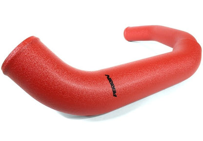 Red Perrin charge pipe for 2015-2021 Subaru WRX, JDMuscle performance upgrade, metal pipe with smooth finish and mounting points.