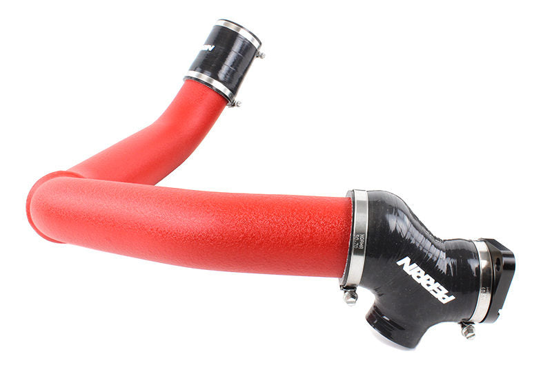 Red Perrin charge pipe for 2015-2021 Subaru WRX by JDMuscle, shown installed on the engine with smooth bends and high-quality finish.