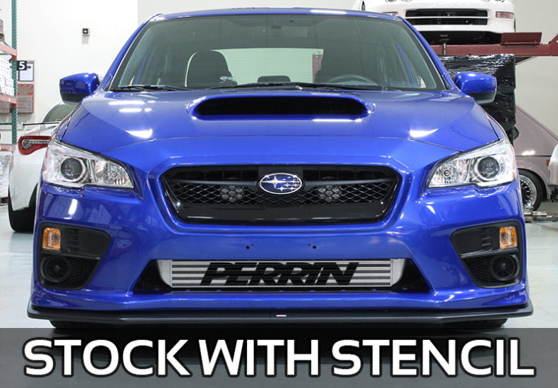 JDMuscle PERRIN WRX STI FMIC Intercooler logo stencil vinyl sticker applied to car bumper for custom JDM style.