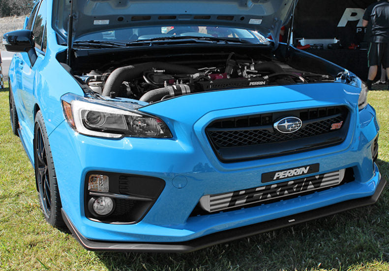 JDMuscle PERRIN intercooler logo stencil sticker for 2002-2014 Subaru WRX and STI, shown on a vehicle part.