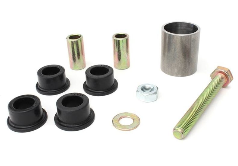 JDMuscle Perrin steering rack bushings for 2005-2021 Subaru WRX and STI, close-up of black rubber bushings on metal rack