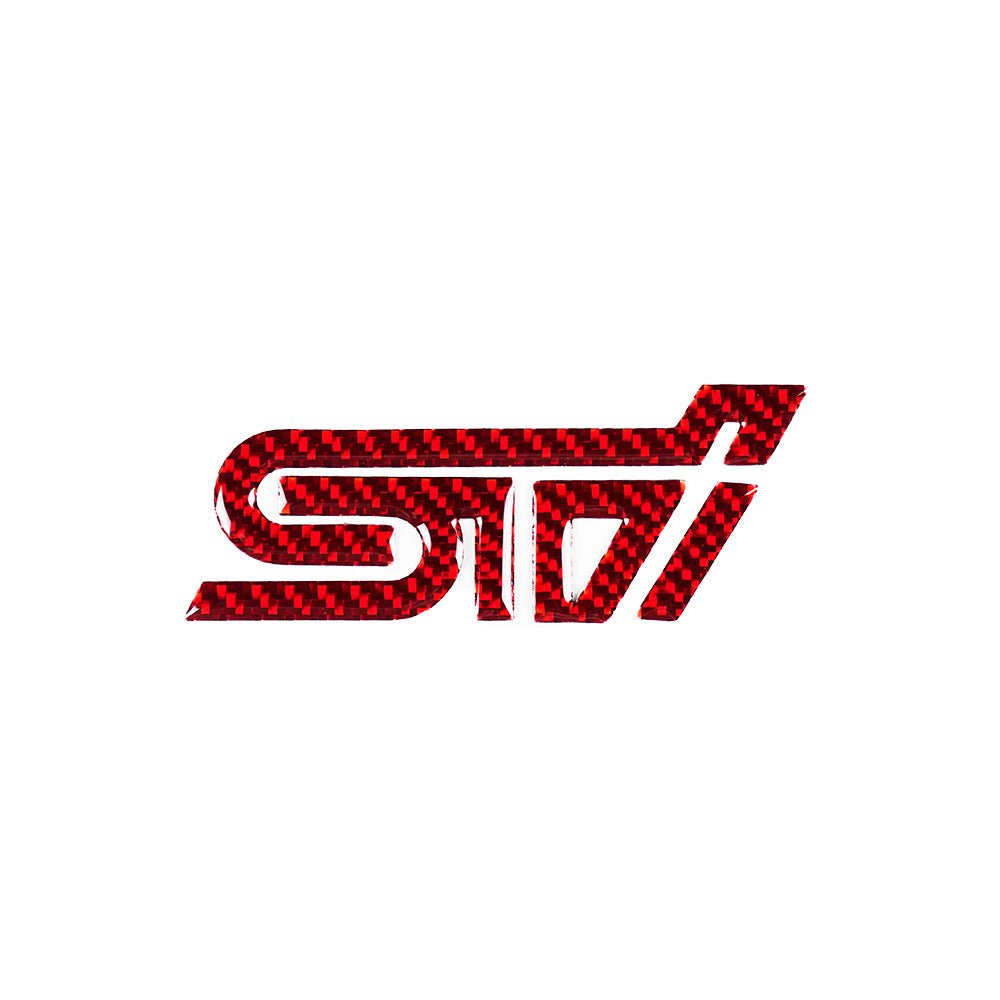 Carbon fiber STI trunk emblem from Racing Art by JDMuscle, showcasing sleek design and bold branding for car customization.