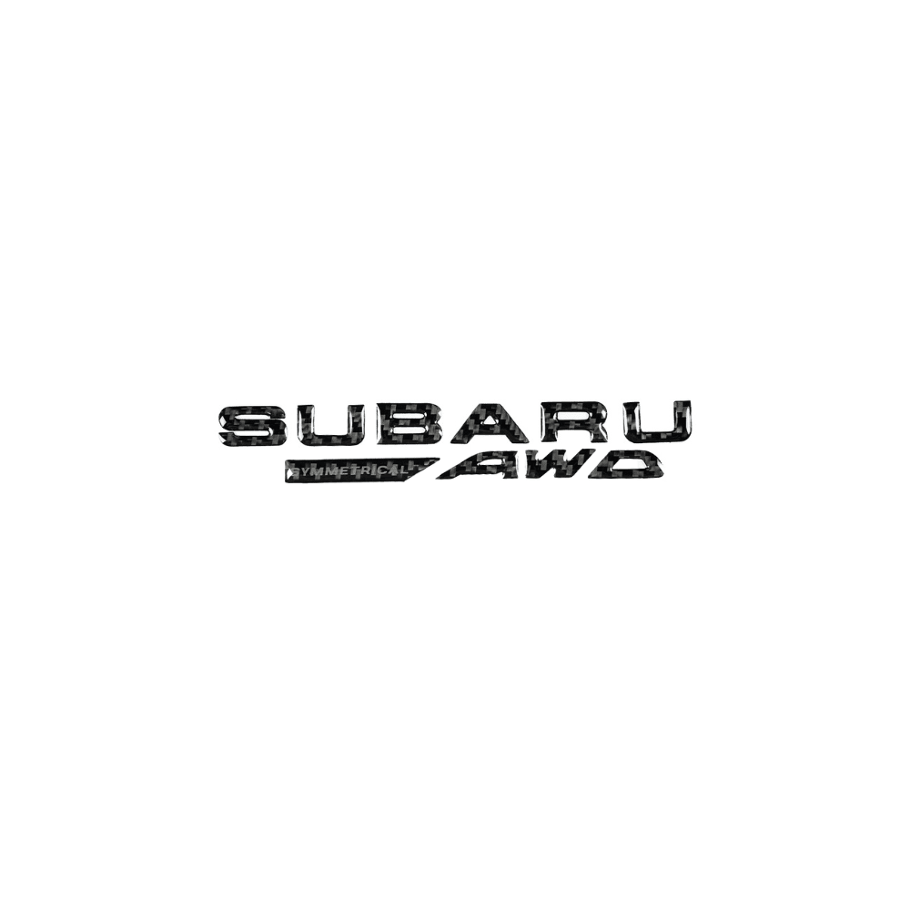 JDMuscle Racing Art AWD trunk emblem in gel carbon fiber for Subaru, featuring a sleek, sporty design for car customization.