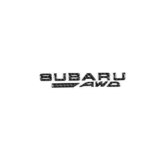 JDMuscle Racing Art AWD trunk emblem in gel carbon fiber for Subaru, featuring a sleek, sporty design for car customization.