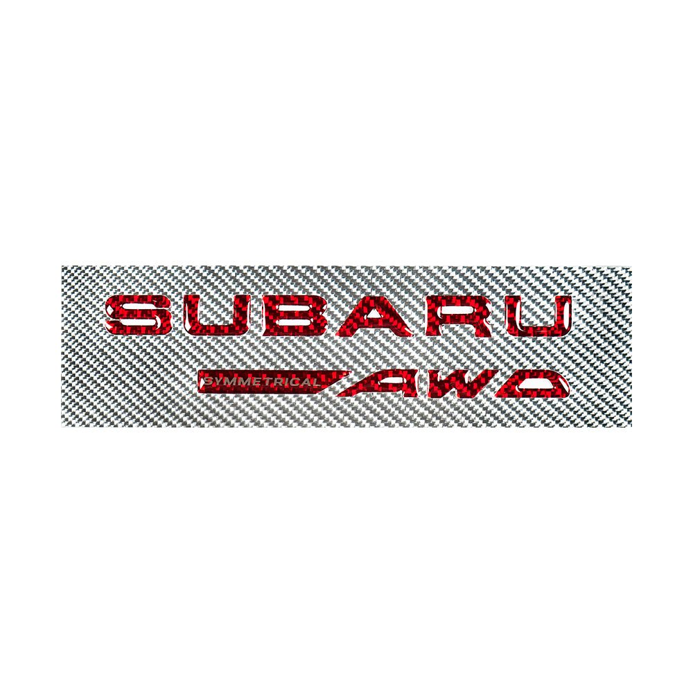 JDMuscle Racing Art AWD trunk emblem in gel carbon fiber, designed for Subaru vehicles, featuring a sleek, sporty emblem ornament.
