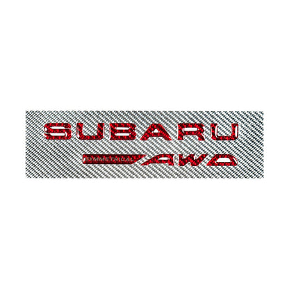 JDMuscle Racing Art AWD trunk emblem in gel carbon fiber, designed for Subaru vehicles, featuring a sleek, sporty emblem ornament.