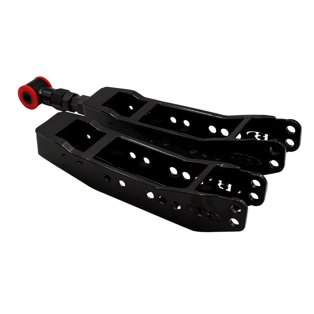 BLOX Racing rear lower control arms for 86, FR-S, BRZ, WRX, and STi suspension, shown installed on vehicle.