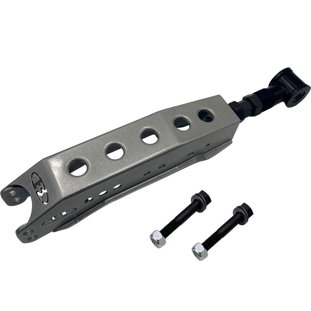 BLOX Racing rear lower control arms for 86, FR-S, BRZ, WRX, and STi suspension, shown installed on vehicle.