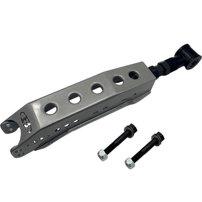 BLOX Racing rear lower control arms for 86, FR-S, BRZ, WRX, and STi suspension, shown installed on vehicle.